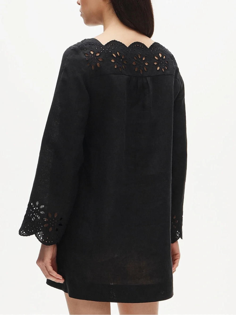 J. Crew Scallop-trim Eyelet Popover Linen Dress in Black Size Medium